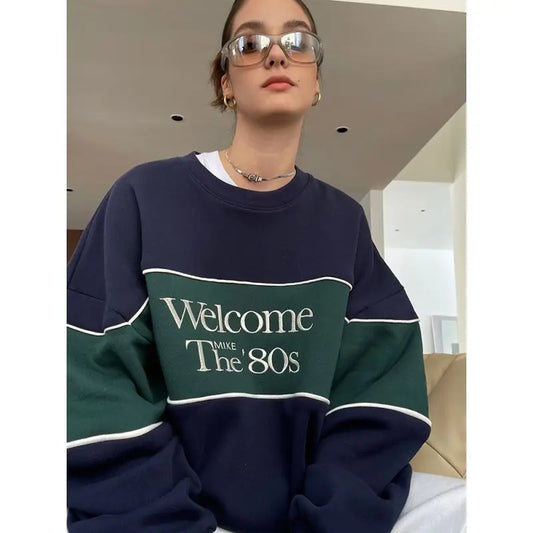 Deeptown Vintage Sweatshirts Women American 90s Retro Preppy Style Pullovers Oversized Aesthetic Casual Female Korean Streetwear